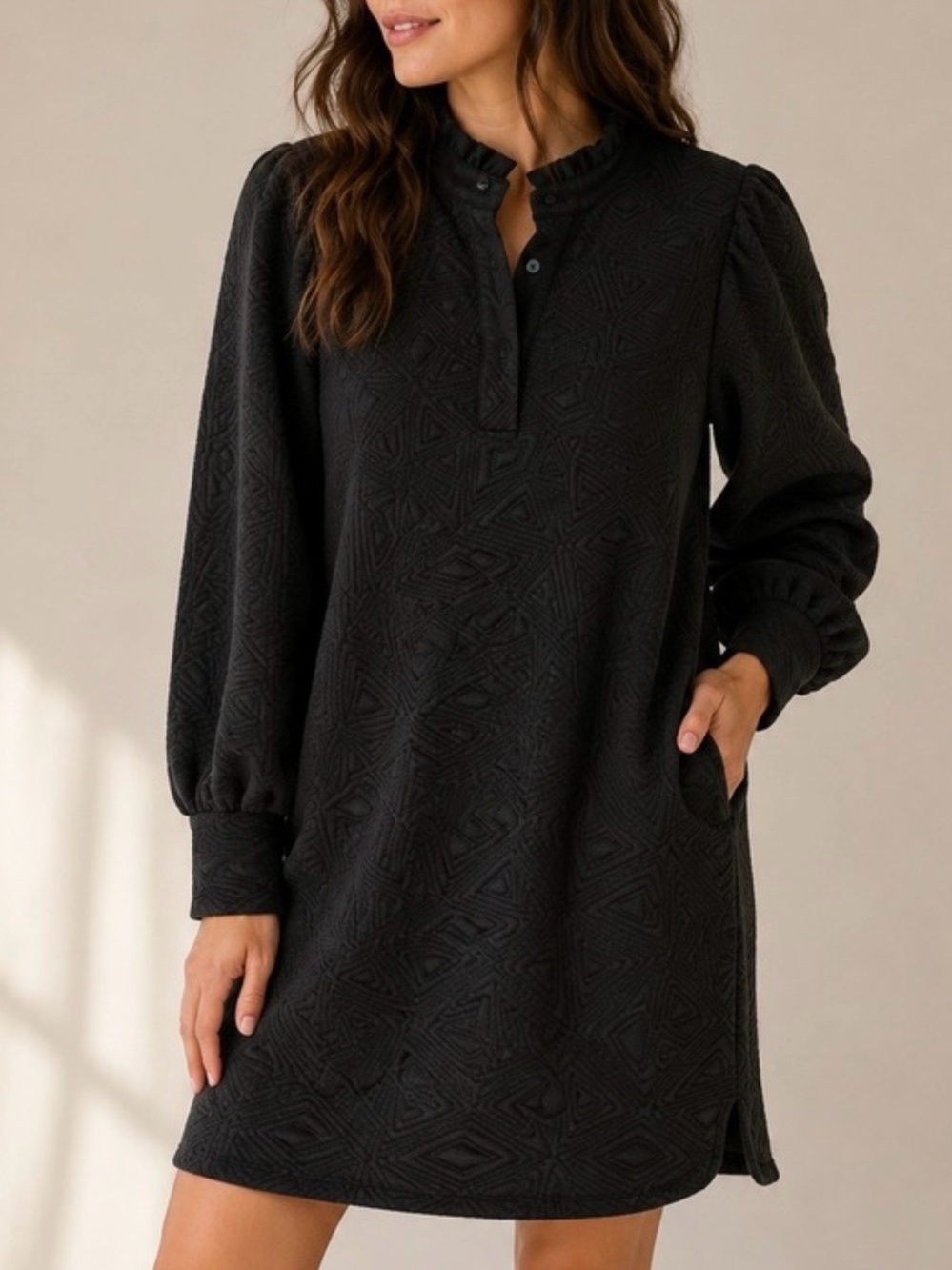 THML Black Textured Shift Dress with Ruffle Collar
